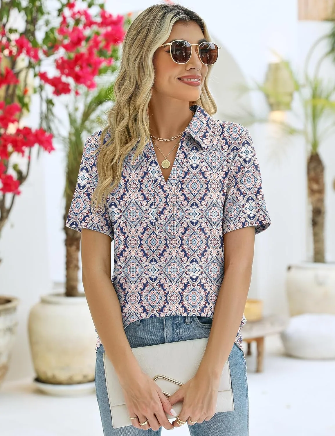 ZHENWEI Women's Short Sleeve V-Neck Polo Shirts Business Casual Work Collared Tops Dressy Johnny Collar Cute Blouses