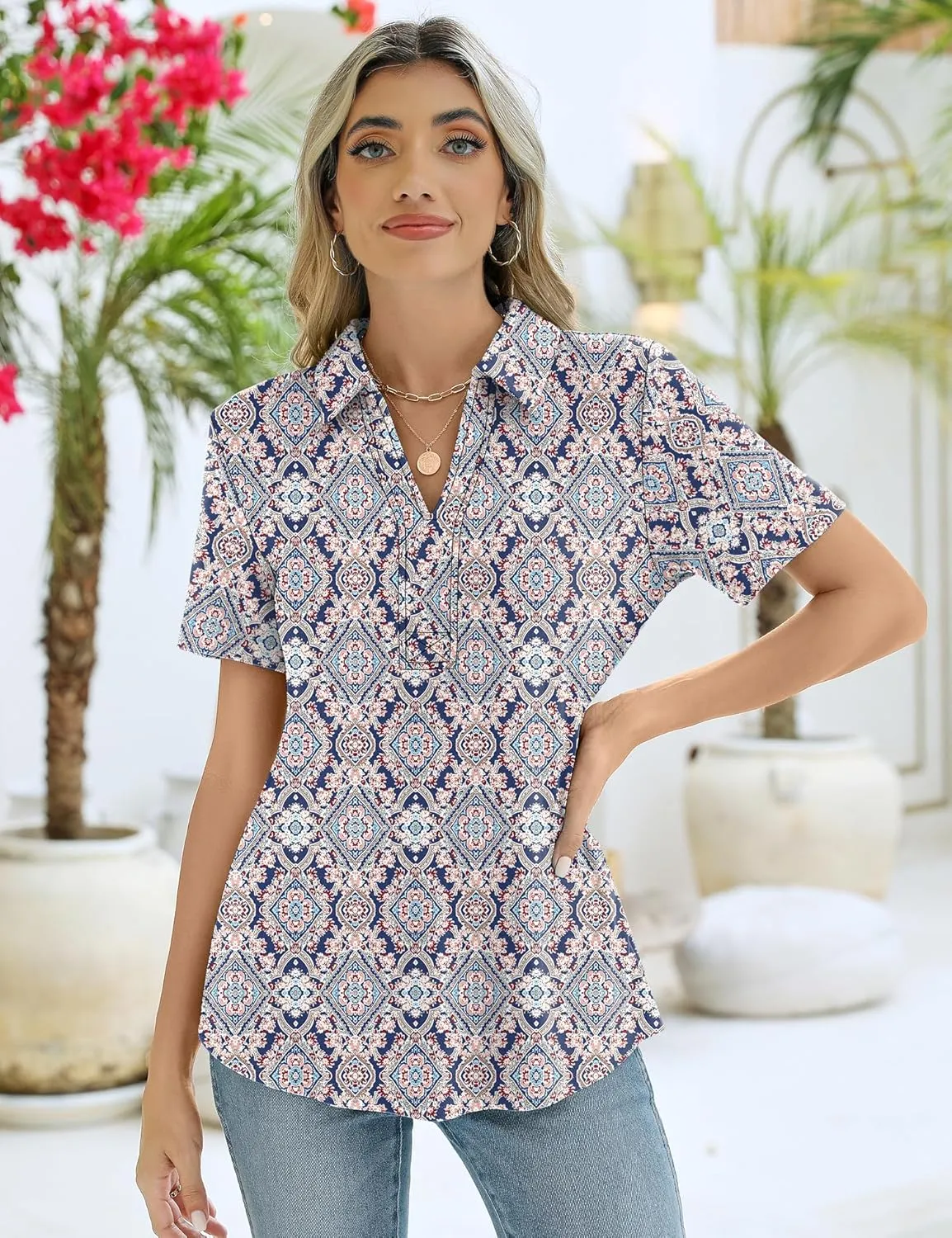 ZHENWEI Women's Short Sleeve V-Neck Polo Shirts Business Casual Work Collared Tops Dressy Johnny Collar Cute Blouses
